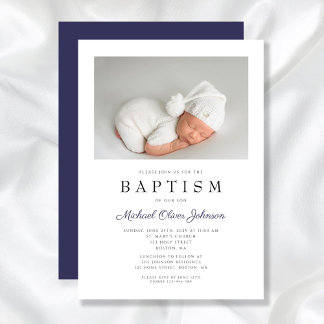 Navy Blue Elegant Photo Boy Baptism Invitation