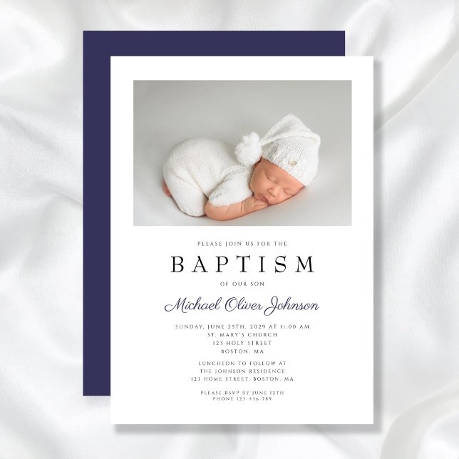 Navy Blue Elegant Photo Boy Baptism Invitation (Navy Blue Elegant Photo Boy Baptism Invitation)