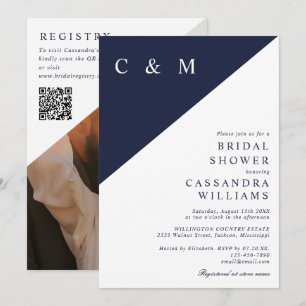 Navy Blue Elegant Photo QR Code Bridal Shower Invitation