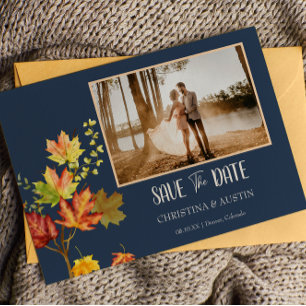 Navy Blue Elegant Photo wild Leaves Save the Date Postcard