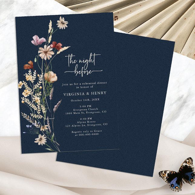 Navy Blue Elegant Rehearsal Dinner Invitation (Navy Blue Boho Wildflower Elegant Rehearsal Dinner Invitation by Painted Paperie
)