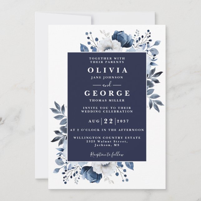 Navy Blue Elegant Rustic Floral QR Code Wedding Invitation (Front)