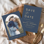 Navy Blue Elegant Save the Date Photo Minimalist<br><div class="desc">Wedding Navy Blue and Gold Save the Date Cards that have a photo on the front. The Save the Date cards contain a modern hand lettered cursive script typography that are elegant,  simple and modern to use after you minimalist simple wedding day celebration.</div>