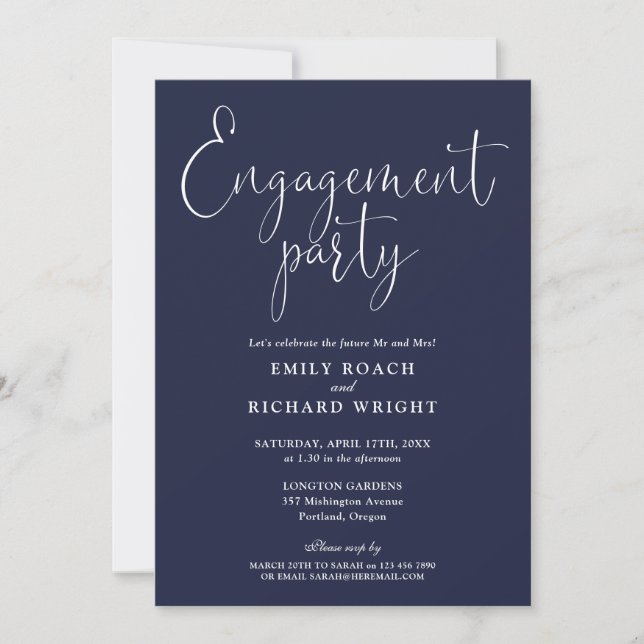 Navy Blue Elegant Script Engagement Party Invitation (Front)