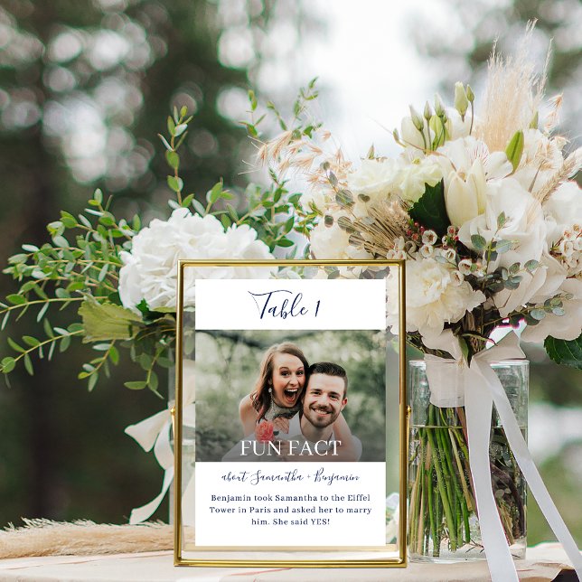  Navy Blue Elegant Script Fun Facts Photo Wedding Table Number (Creator Uploaded)