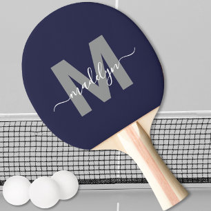 Navy Blue Elegant Script Name Monogram Ping Pong Paddle