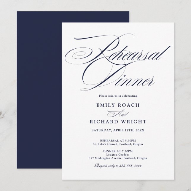 Navy Blue Elegant Script Rehearsal Dinner Invitation (Front/Back)