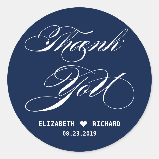 Navy Blue Elegant Script Thank You Wedding Favour  Classic Round Sticker (Front)