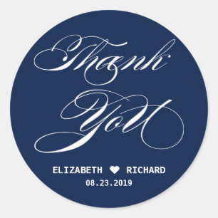 Navy Blue Elegant Script Thank You Wedding Favour Classic Round Sticker