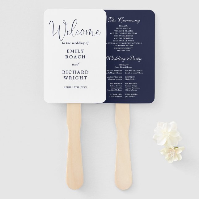 Navy Blue Elegant Script Wedding Program Hand Fan (Front and Back)