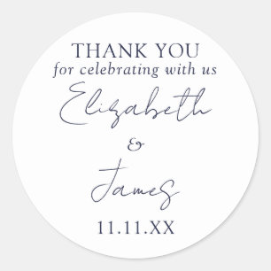 Navy Blue Elegant Script Wedding Thank You Classic Round Sticker
