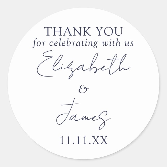 Navy Blue Elegant Script Wedding Thank You Classic Round Sticker (Front)