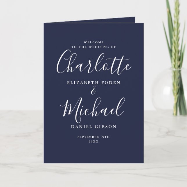 Navy Blue Elegant Signature Script Wedding  Programme (Front)