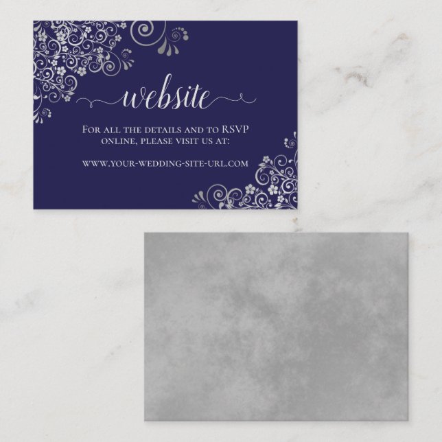 Navy Blue Elegant Silver Lace Wedding Website Enclosure Card (Front/Back)