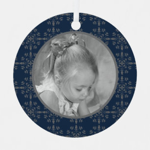 Navy Blue Elegant Snowflake Photo Christmas Metal Tree Decoration