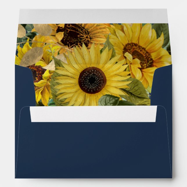 Navy Blue Elegant Sunflower Return Address Wedding Envelope (Back (Bottom))
