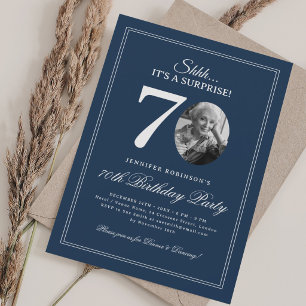 Navy Blue Elegant Surprise 70th Birthday Party Invitation