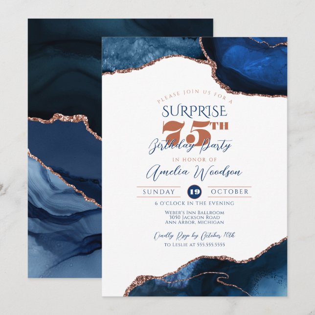 Navy Blue Elegant Surprise Party Adult Birthday Invitation (Front/Back)