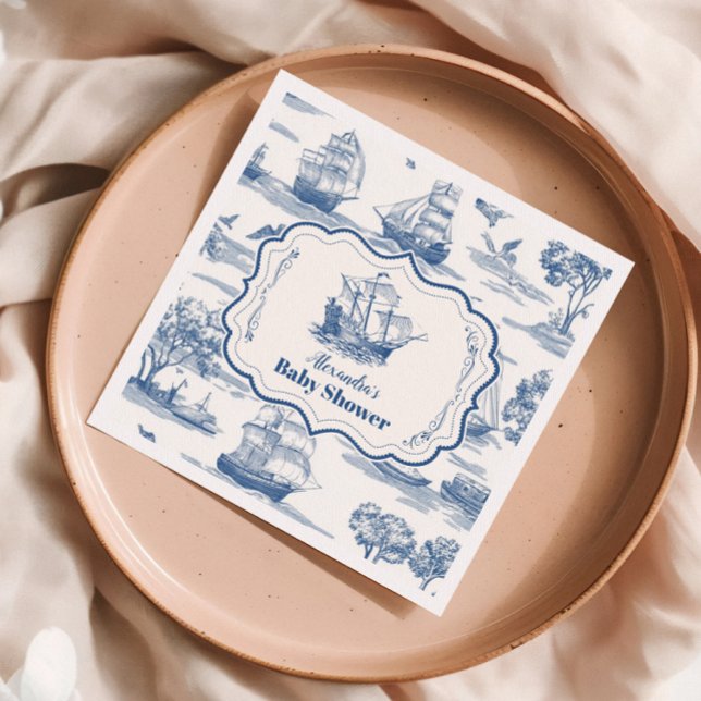 Navy Blue Elegant Toile Nautical Baby Shower Napkin (Creator Uploaded)