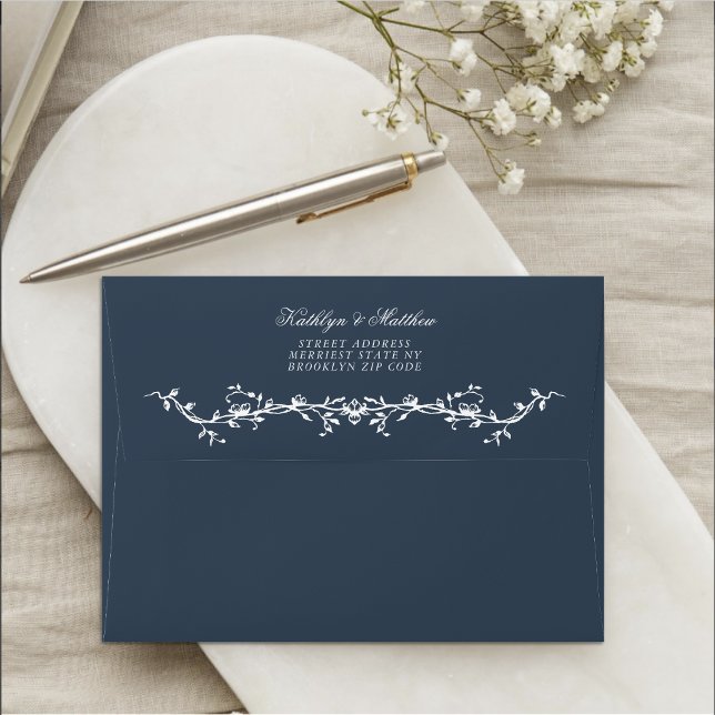 Navy Blue Elegant Vintage Floral Wedding Envelope (Creator Uploaded)
