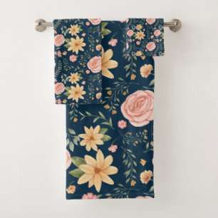 Navy Blue Elegant Vintage Wildflower Rose Pattern  Bath Towel Set