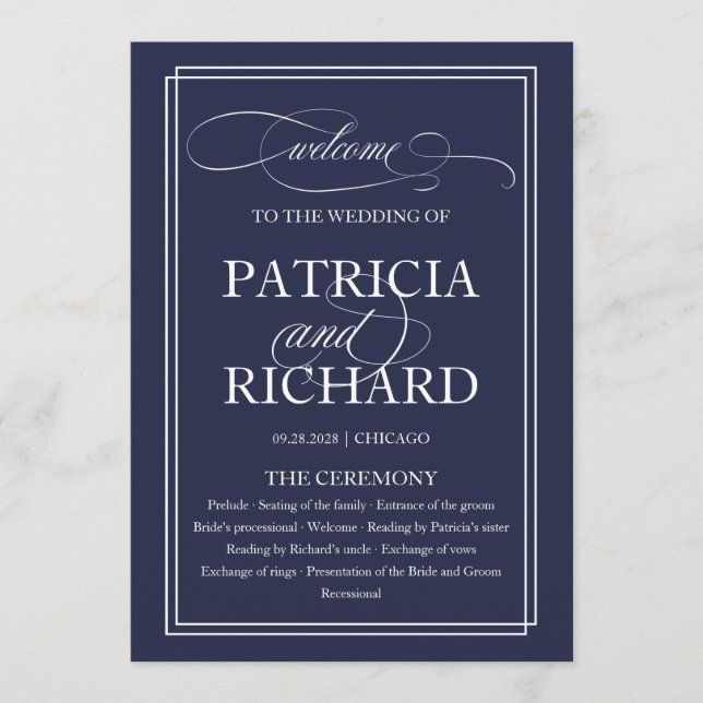 Navy Blue Elegant Wedding Ceremony Program Programme (Front)