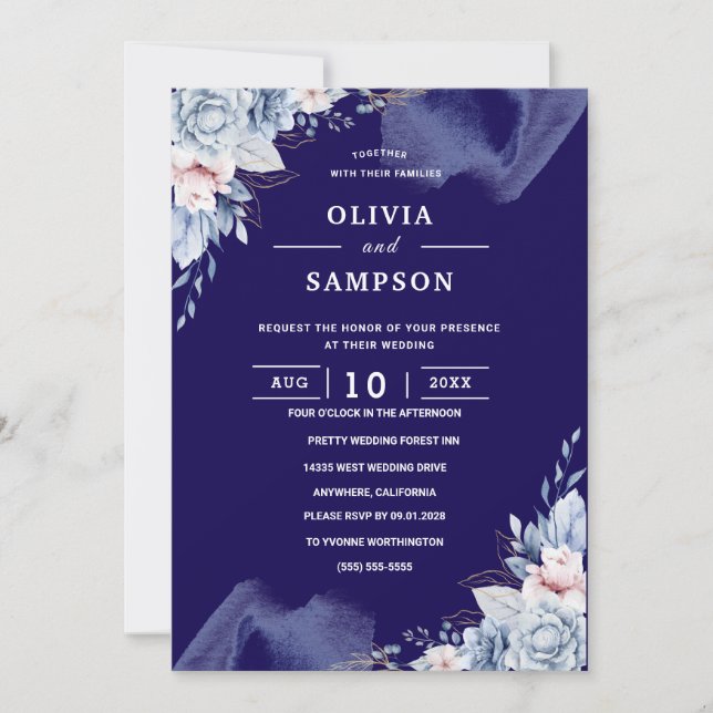 Navy blue elegant wedding invitation (Front)