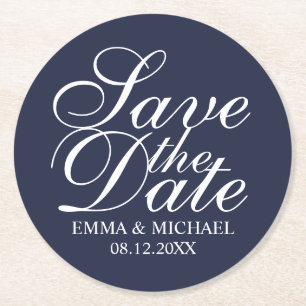 Navy Blue Elegant Wedding Save the Date Round Paper Coaster