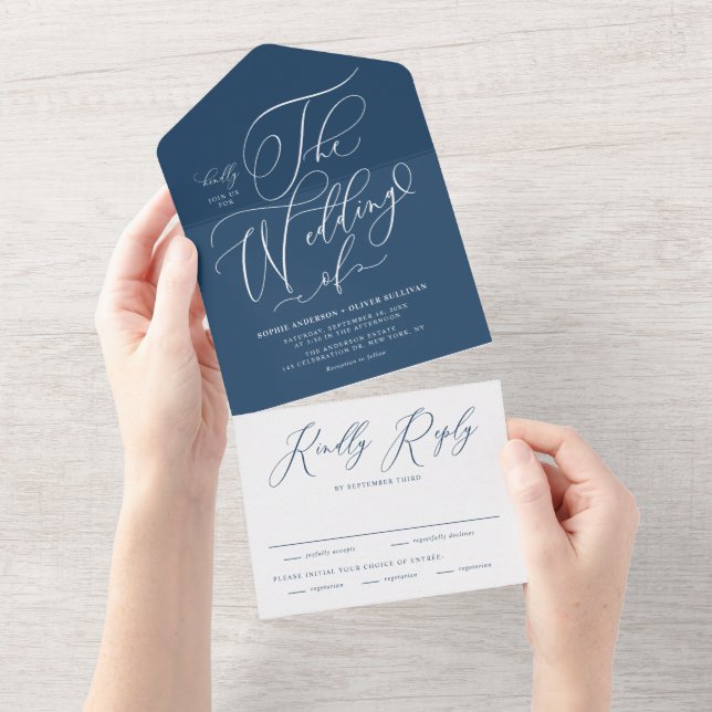 Navy Blue Elegant Whimsical Calligraphy Wedding All In One Invitation (Tearaway)