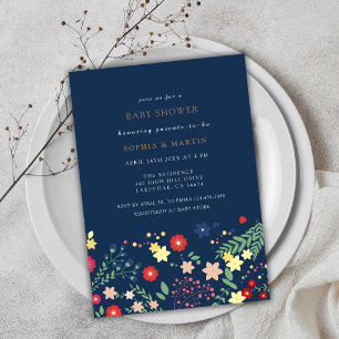 Navy Blue Elegant Wildflower Baby Shower Invitation