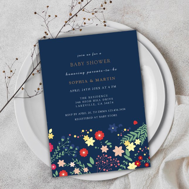 Navy Blue Elegant Wildflower Baby Shower Invitation (Navy Blue Elegant Wildflower Baby Shower Invitation)