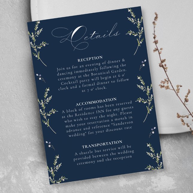Navy Blue Elegant Winter Wildflower Wedding Detail Enclosure Card (Creator Uploaded)