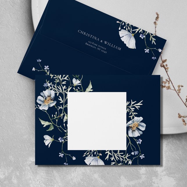 Navy Blue Elegant Winter Wildflowers Wedding Envelope (Creator Uploaded)