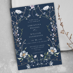 Navy Blue Elegant Winter Wildflowers Wedding Invitation