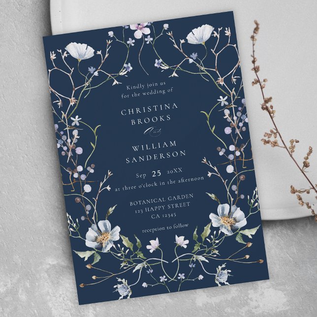 Navy Blue Elegant Winter Wildflowers Wedding Invitation (Creator Uploaded)