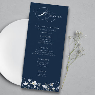 Navy Blue Elegant Winter Wildflowers Wedding Menu