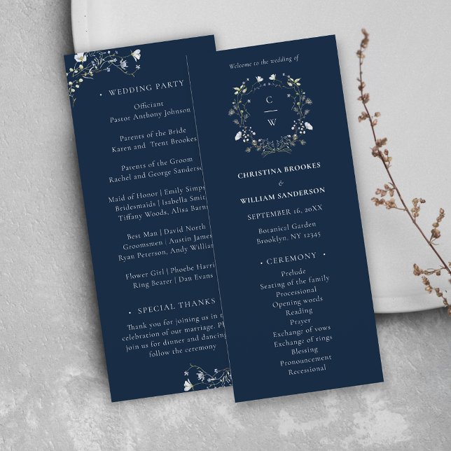 Navy Blue Elegant Winter Wildflowers Wedding Programme (Creator Uploaded)