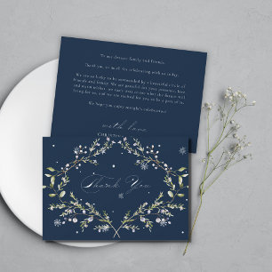 Navy Blue Elegant Winter Wildflowers Wedding Thank You Card