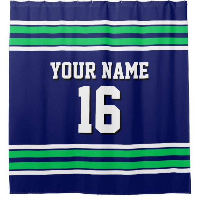 Navy Blue Emerald Green Wht Stripes Sports Jersey Shower Curtain (Front)