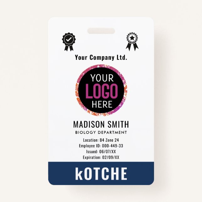 Navy Blue Employee Name Business Logo kotche ID Badge (Front)