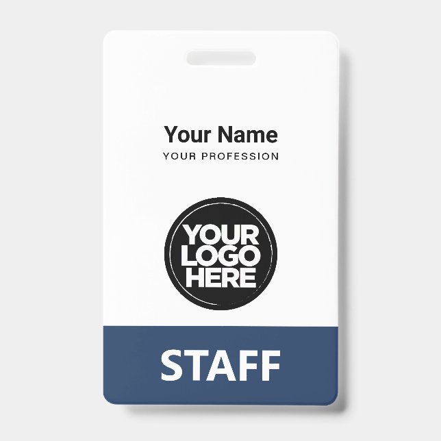 Navy Blue Employee Name Business Logo Qr Code ID Badge (Front)