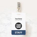 Navy Blue Employee Name Business Logo Staff Tag ID Badge<br><div class="desc">Easily personalise this Custom Administrative professional Name Badge without photo, with Scan Bar Code and large business logo. A simple business design in navy blue and white colours fully customisable in front and back sizes, sans-serif basic and modern fonts and a professional and clear look, perfect for small business employee,...</div>