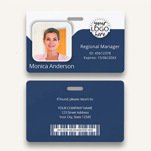 Navy Blue Employee Photo ID Name QR Bar Code Badge (Creator Uploaded)