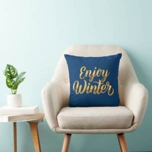 Navy Blue Enjoy Winter - Gold Script Holiday Decor Cushion