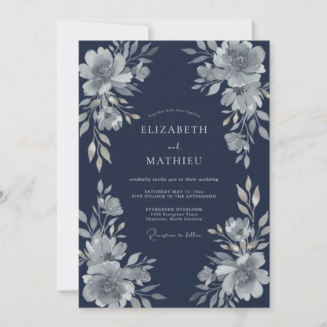 Navy Blue Ethereal Floral Romance Wedding Invitation (Front)