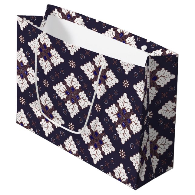 Navy blue ethnic damask batik seamless pattern large gift bag (Front Angled)