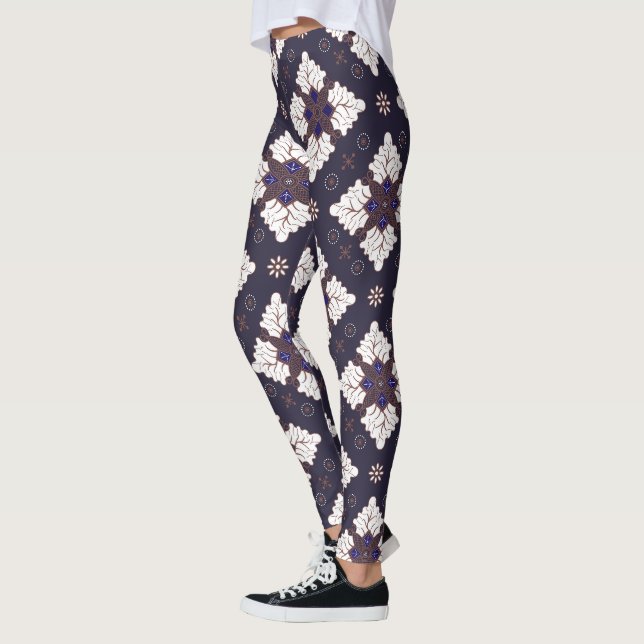 Navy blue ethnic damask batik seamless pattern leggings (Left)