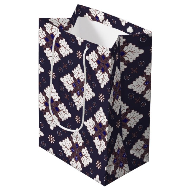 Navy blue ethnic damask batik seamless pattern medium gift bag (Front Angled)