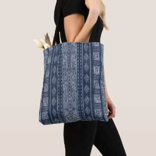Navy Blue Ethnic Tribal Vertical Geometric Stripes Tote Bag