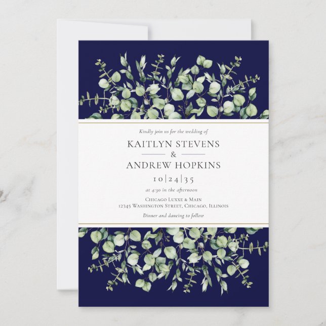 Navy Blue Eucalyptus All In One Wedding Invitation (Front)